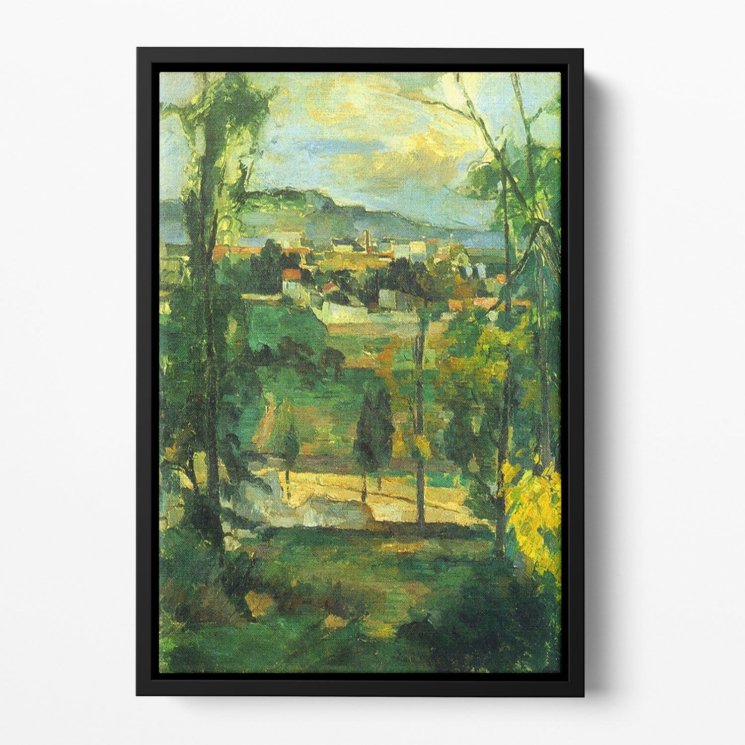 Floating framed artwork of Village behind the trees by Cezanne, showcasing vibrant colors and elegant design.